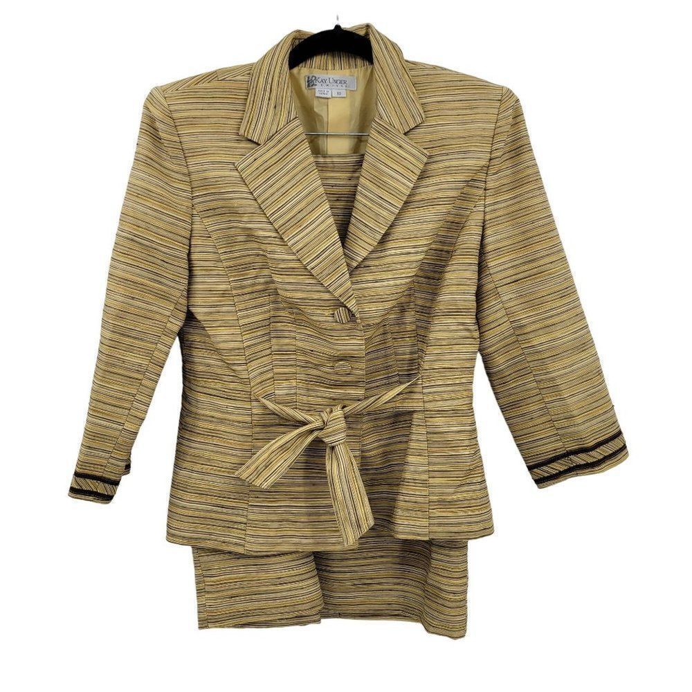Vintage 80's Kay Unger Skirt‎ Suit 10 Mustard Striped Alpaca Front Tie Tea Mod